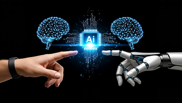 Human hand and robot arm reaching towards glowing A I chip and digital brains - Powered by Adobe