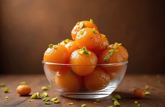 Sweet orange Gulab Jamun dessert balls submerged in syrup served in glass bowl. Garnished with chopped green pistachios. Popular Indian mithai sweet treat often eaten during festivals, celebrations.