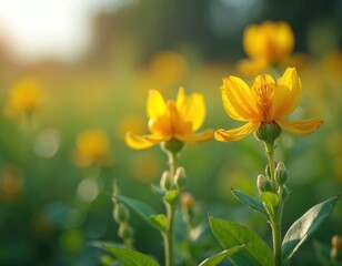 Fototapeta premium Yellow flowers bloom in field during golden hour sunlight. Green stems and leaves are visible with buds. Blurred background shows more floral growth.
