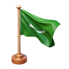 Green flag with white crescent moon on golden pole isolated on transparent background
