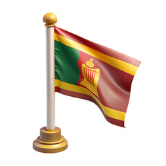 Sri lankan flag on a white pole with gold base isolated on transparent background