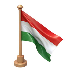 Hungarian flag waving on a wooden pole isolated on transparent background