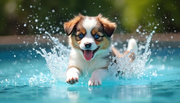 Playful puppy with blue eyes splashes through pool water. Young dog enjoys sunny day swimming, making water droplets fly. Cute pet has fun in blue pool.