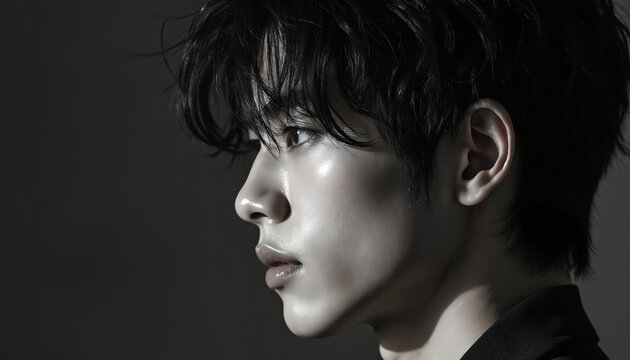 Young man looks sideways with dark tousled hair. His face is smooth and shiny, with subtle lighting highlighting his features. He wears a dark jacket, posing for a profile shot.