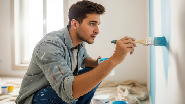 Profile view of a young man in casual clothes crouching and painting a vertical blue stripe on a white wall, home makeover and DIY project.