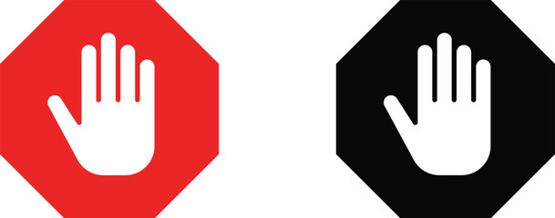 Stop Hand Icon Set in Red and Black &ndash; Warning, Prohibition & Safety Symbol