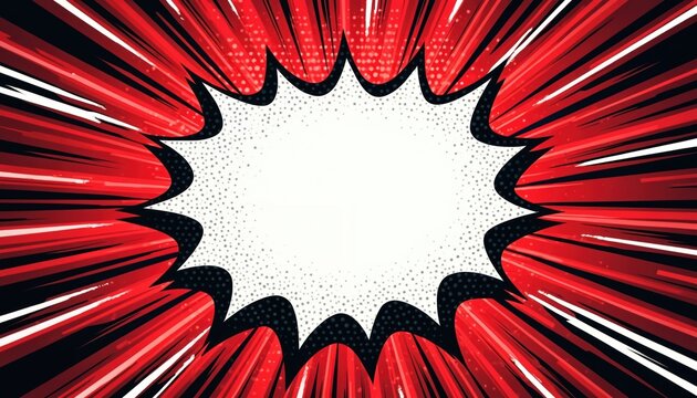 Comic style explosion effect with white empty speech bubble for text on vibrant red radial background. Bold graphic element for pop art designs, announcements, and messages. Dynamic retro feel.