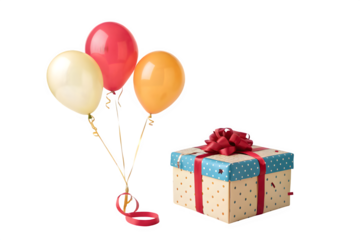 A festive gift box and colorful balloons set against a black background for a birthday party isolated on transparent background
