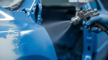 Close-up of a professional spray gun applying a smooth coat of metallic blue paint to a car body in an industrial workshop, precision finishing.