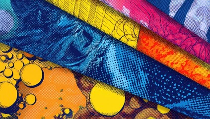 An abstract collage of diverse textural patterns, layered diagonally, showcasing vivid colors