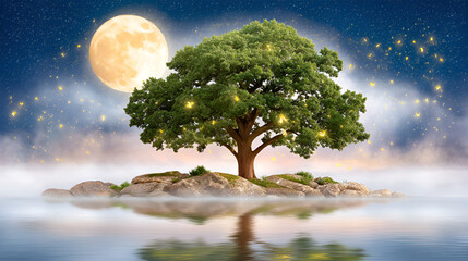 Enchanted night with majestic tree under full moon and starry sky reflection