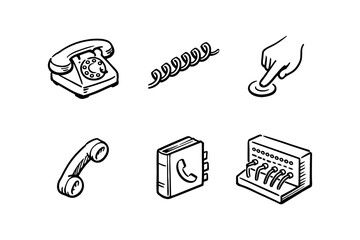 Vintage telephone icons set in hand drawn style with rotary dial and old school elements