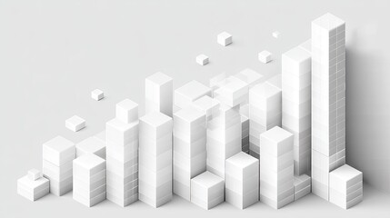 Abstract representation of data growth with minimalist white cubes demonstrating upward trends in statistics and analytics on a light background