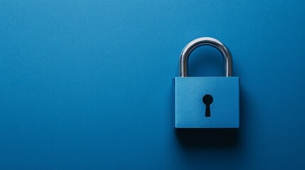 Fototapeta premium A blue padlock with a silver shackle on a textured blue background, symbolizing security and protection
