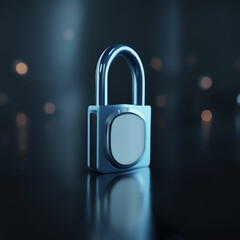 Fototapeta premium Modern Blue Digital Security Padlock on Reflective Surface with Broke h Background