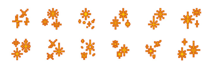 Obraz premium Set of pixel sparkle and stars. Scattered 8-bit glitter elements. Retro Y2K shapes with yellow light. 