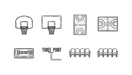 Minimalist basketball court elements and equipment set in outline style