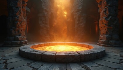 Ancient stone chamber interior with illuminated circular platform. Glowing lava pool in center, stone pillars, dark stone floor. Mystical fantasy scene, empty indoor stage. Product display.