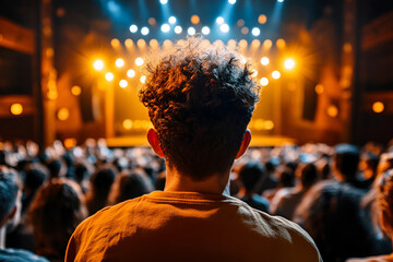 Backstage view of an enthusiastic audience at a concert with vibrant stage lights