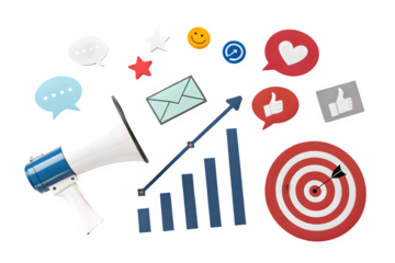 Digital marketing concept with social media icons, business growth graph, and megaphone isolated on transparent background