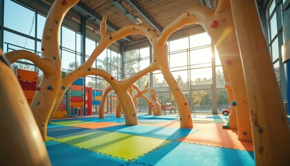 Bright indoor playground features colorful climbing structures made of wood. Soft floor mats offer a safe play area. Large windows let in natural light, creating a cheerful space for kids.