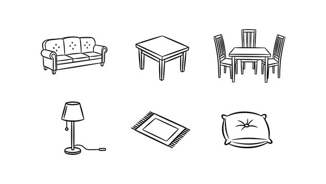 Home furniture set: sofa, table, chairs, lamp, rug, pillow in black outline style