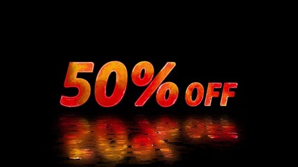 Neon fire burning glowing 50 percent off sign on black background. Abstract 50% percent off text neon animation.