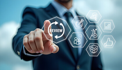 Naklejka premium Annual business and customer review concept for end of year evaluation, inspection, auditing, learning, improvement and strategic planning