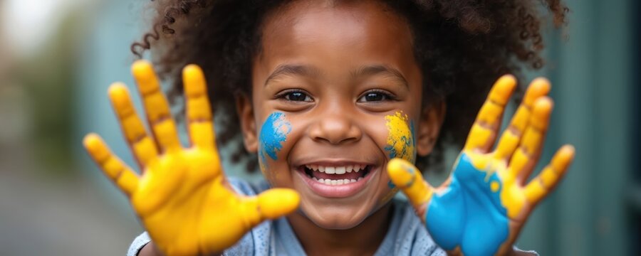 Young african child with paint covered face and hands smiles broadly. Kid shows colorful messy fingers and joyful expression. Playful creativity and childhood innocence.