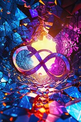 Infinity Symbol Tunnel with Fragmented Geometry in Vivid Blues Purples and Oranges