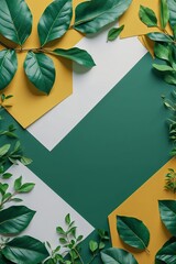 Geometric Background with Green, Yellow, and White Shapes Framed by Green Leaves