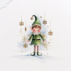 Cute Christmas Elf in Green Outfit on Snow