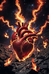Anatomical heart with fiery aura in a desolate landscape against a starry backdrop.