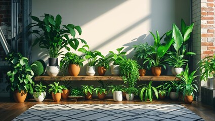 Indoor Jungle Display: Lush Green Plants on Shelves with Decorative Rug and Natural Light