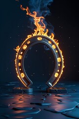 Flaming steel horseshoe with burning edges on stand with dark reflective surface and blue glow