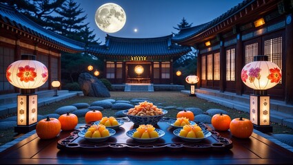Korean Mid-Autumn Festival Celebration with Moon, Pumpkins, Lanterns, and Traditional Treats.
