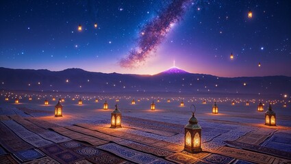 Ramadan Night: Lanterns Illuminate Rugs Under a Milky Way Sky Near Distant Mountains.