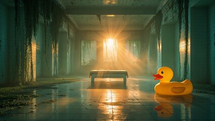 Lost places: A giant rubber duck rests in a flooded abandoned building bathed in light.