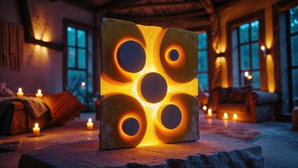 Ambient Lighting with Stone Sculpture and Candles, Interior with a Warm and Cozy Vibe