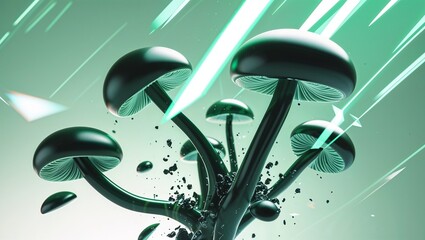 Futuristic glowing mushrooms with neon green lights and floating debris on light green