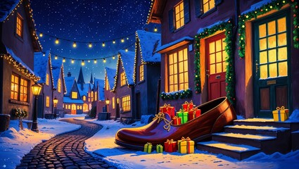 Whimsical winter village with giant shoe full of presents and candles on a cobblestone street.