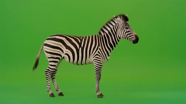 Full body zebra standing in profile against bright green background