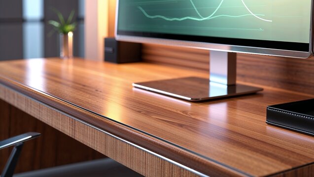 Sleek wooden desk with modern monitor displaying a chart in a bright, contemporary office