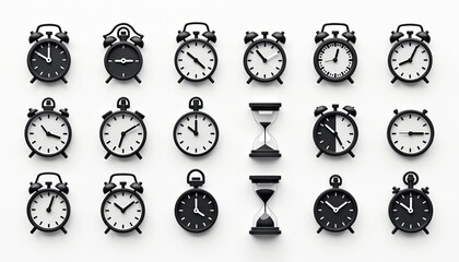 Collection of black and white alarm clocks and hourglasses. Simple icons represent time passing and deadlines. Different styles for schedules and reminders. Classic and modern timekeeping devices.