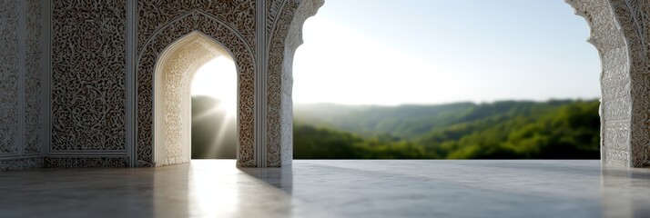 interfaith sacred archway, a d web banner with a grand, intricately carved arching doorway representing diverse sacred architecture, leading to a serene, sunlit landscape with integrated holy sites