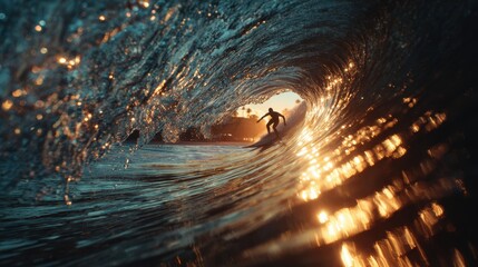 Silhouette of Surfer in Golden Wave Tube with Glowing Reflections