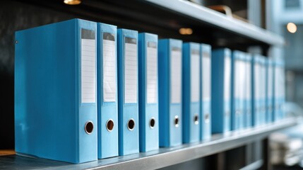 Row of blue ring binders on a metal shelf in a modern office environment