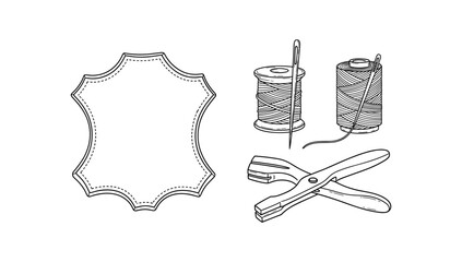 Hand drawn sewing tools and blank label with needle and thread outline design