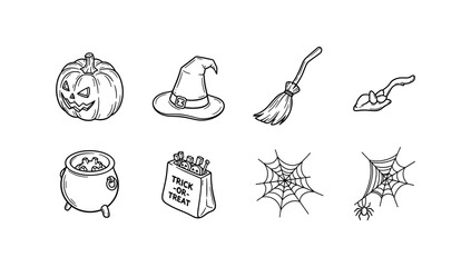 Hand drawn halloween elements set featuring pumpkin, witch hat, broom, candy, cauldron, trick or treat bag, and spider webs