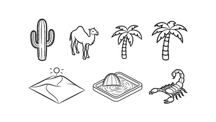 Fototapeta premium Desert elements collection: cactus, camel, palm trees, dunes, pool, scorpion in outline style